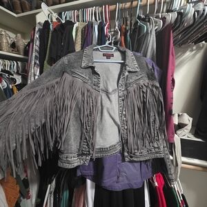 Rock & Roll Cowgirl Gray Fringe Jean Jacket